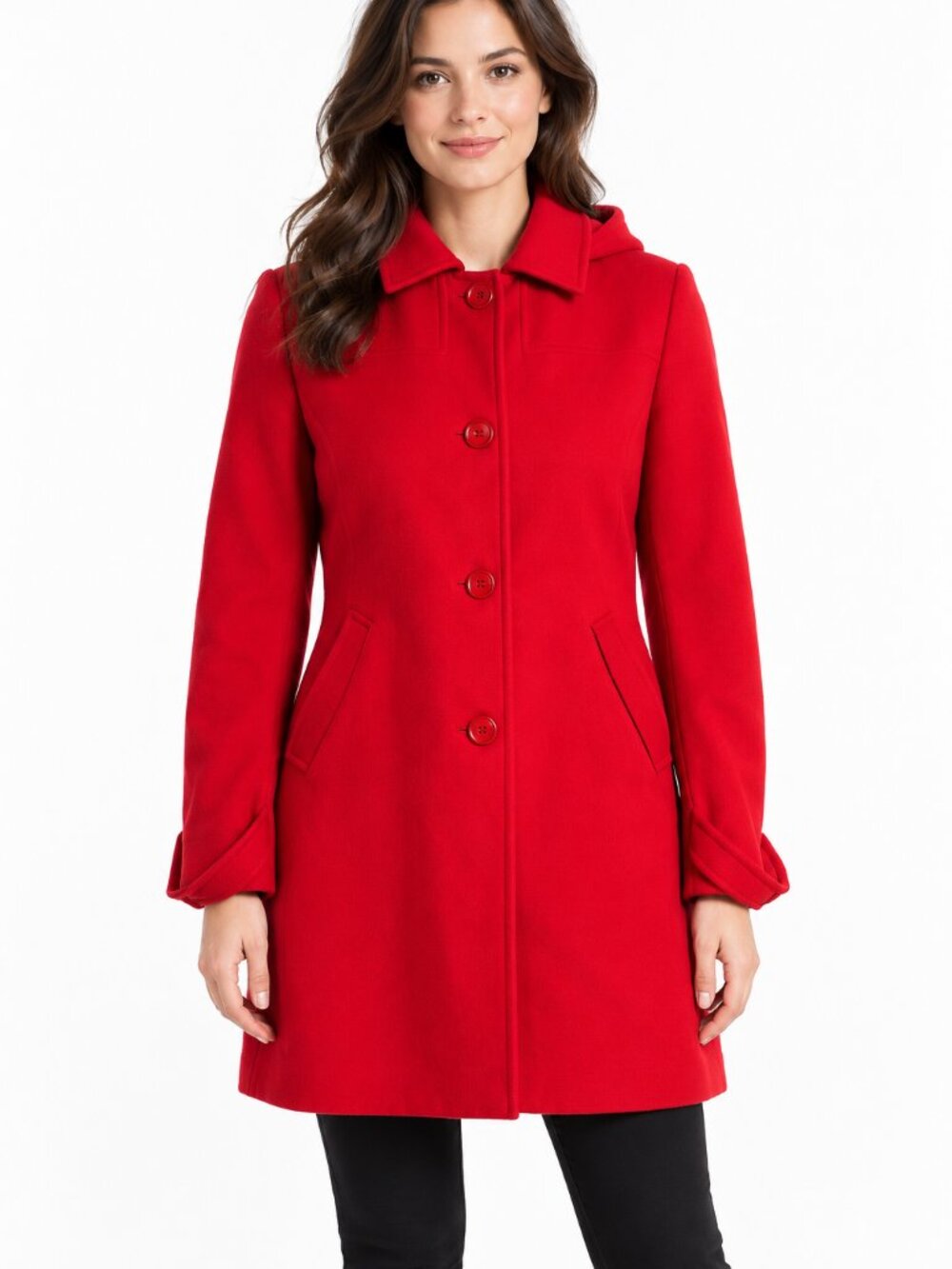 PERSPECTIVE Red Hooded Button Front Coat Wool Blend Size 42